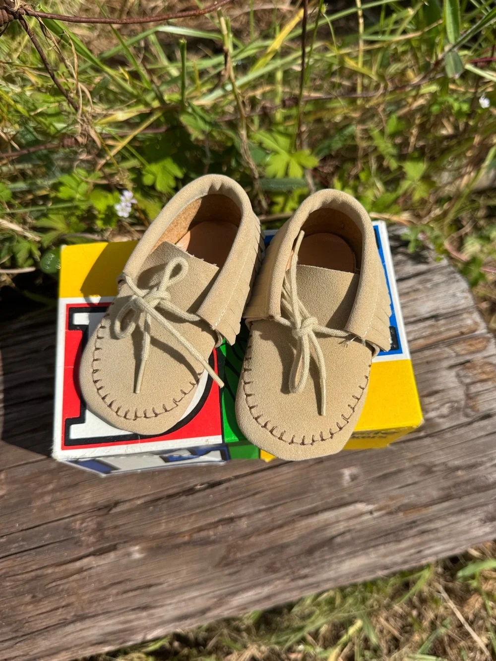 Vintage Stride Right Pre walke tan moccasins Boy girl 2 months